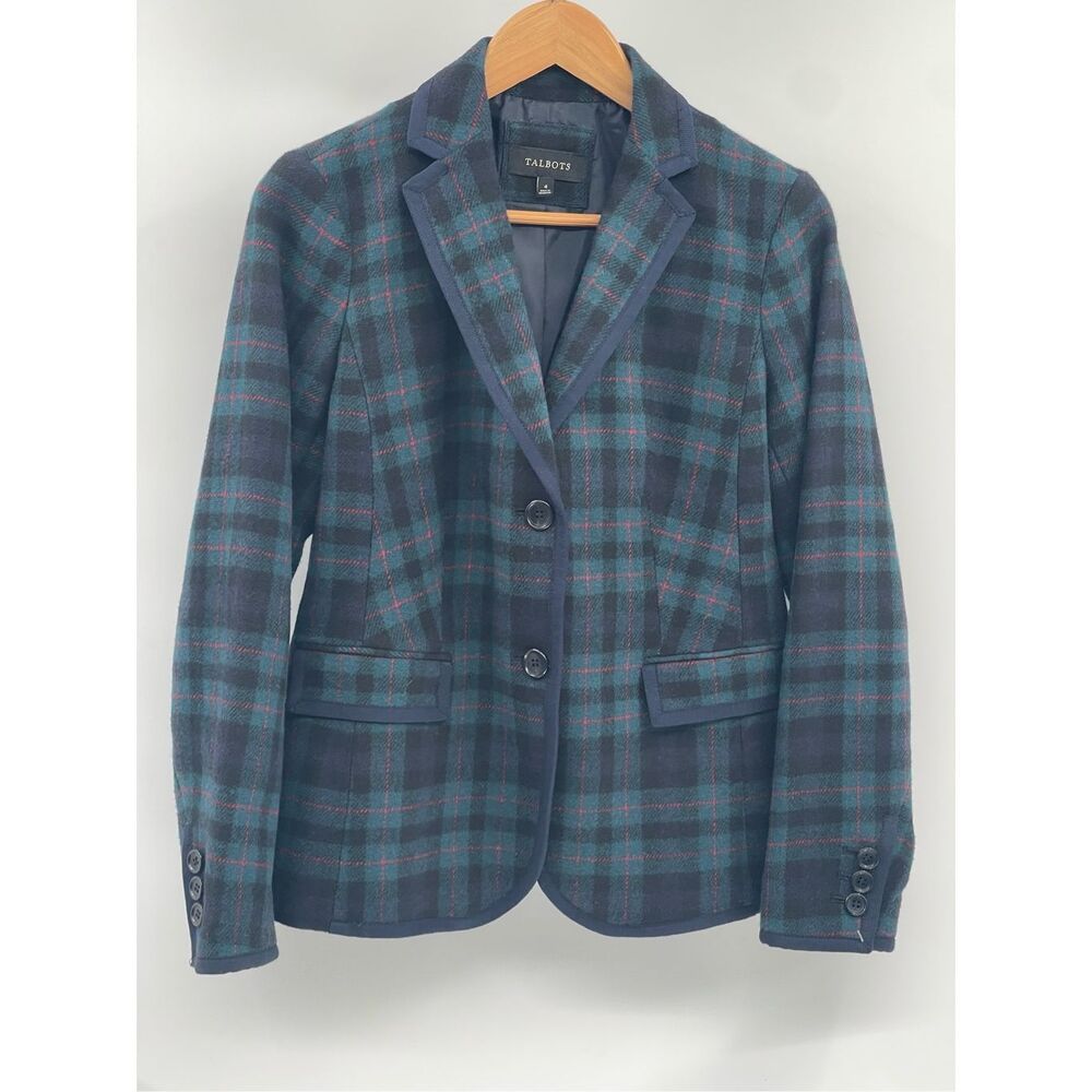 Talbots Blazer Suit Jacket Wool Women Size 4 Blue Green Red Plaid Tartan